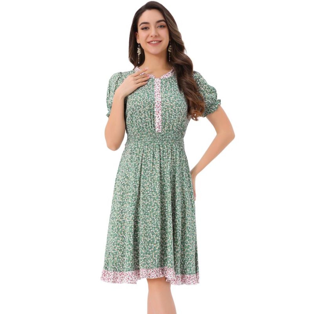 Floral Sundress Ruffle Neck Smocked Waist Short Sleeve Dress Light Green